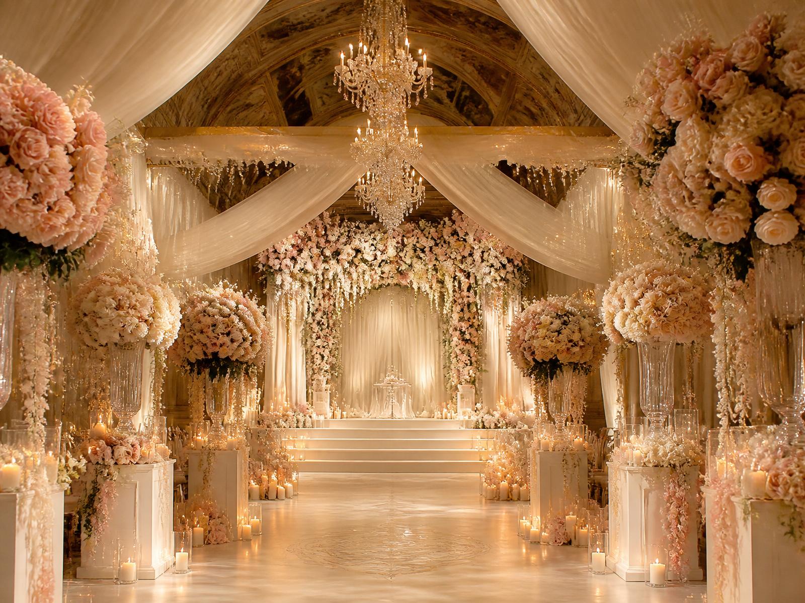 Romantic wedding ceremony with cascading florals and candlelight
